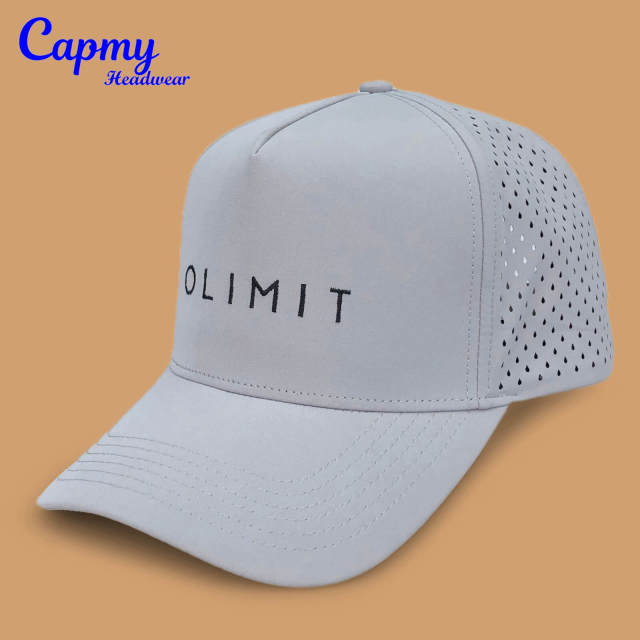 Baseball Cap - CMC-1067 (100% Polyester Laser Cut Drilled Hole Perforated Grey Waterproof Cap Melin Style Golf Hat Supplier)