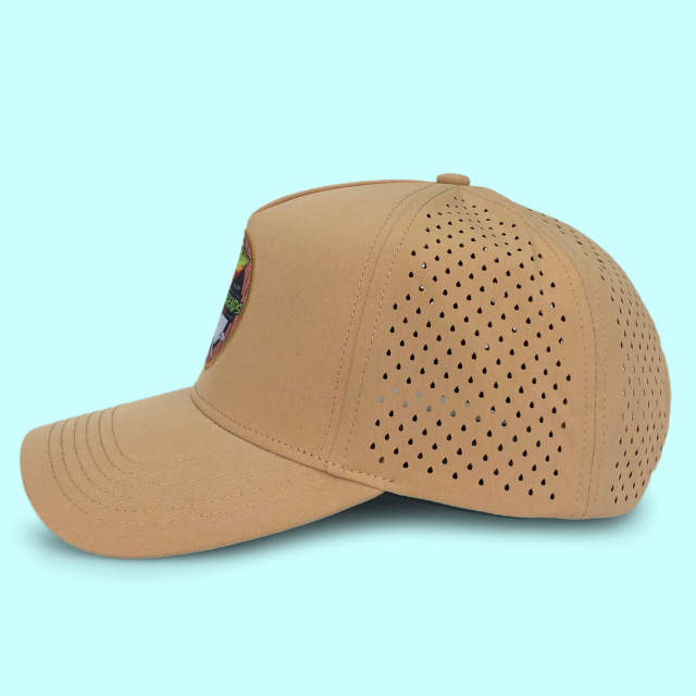 Baseball Cap CMC-1068 - New Brown Waterproof Material 5 Panel Laser Cut Perforated Hole Men’s Golf Hats Caps - Custom Golf Hat Factory