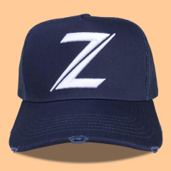 Trucker Hat - CMC-3306 ( Custom Navy BLue  Middle Crown 3D Logo 5 Panel Yelir Distressed Rip Vintage Mesh Trucker Hat Supplier )