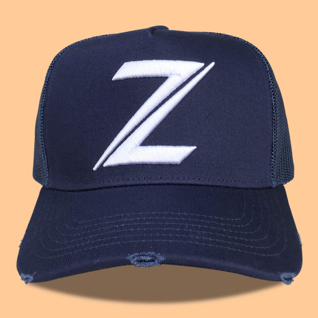 Trucker Hat - CMC-3306 ( Custom Navy BLue  Middle Crown 3D Logo 5 Panel Yelir Distressed Rip Vintage Mesh Trucker Hat Supplier )