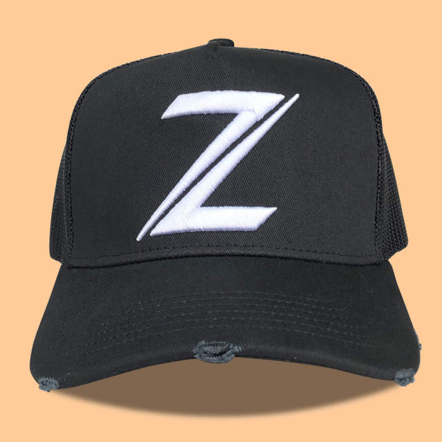 Trucker Hat - CMC-3306 ( Custom Navy BLue  Middle Crown 3D Logo 5 Panel Yelir Distressed Rip Vintage Mesh Trucker Hat Supplier )