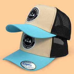 Trucker Hat CMC-3322 - Custom Khaki Beige Middle Crown 3D Embroidery Logo Men's 5-Panel Mesh Trucker Hat Supplier