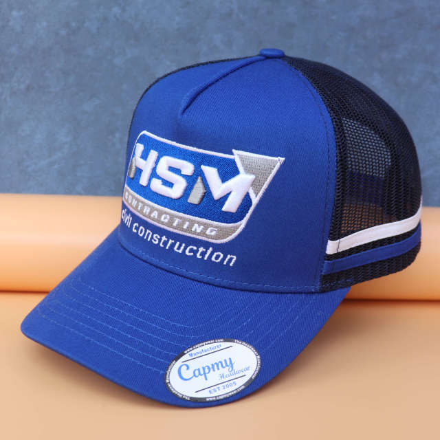 Trucker Hat - CMC-3338 (Custom Embroidery Leather Patch Side Stripes Western Trucker Hat Australia Country Trucker Caps Manufacturer )