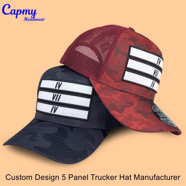 Trucker Hat CMC-3354 - (Custom Printed Black Camo 3D Embroidery Logo 5-Panel Mesh Trucker Hat Manufacturer)