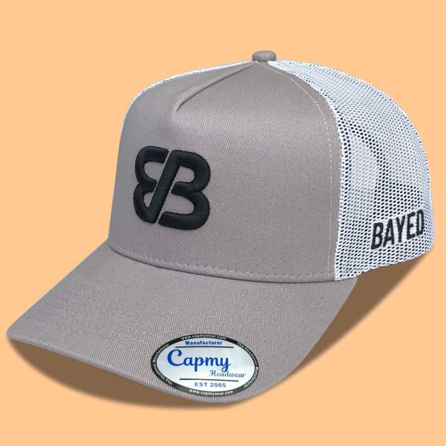 Trucker Hat CMC-3348 - (High Quality Grey Middle Crown 3D Embroidery Logo Men's 5 Panel Cap Mesh Trucker Hat Manufacturer)