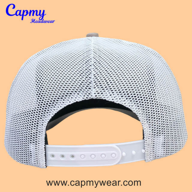 Trucker Hat CMC-3348 - (High Quality Grey Middle Crown 3D Embroidery Logo Men's 5 Panel Cap Mesh Trucker Hat Manufacturer)