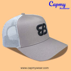 Trucker Hat CMC-3348 - (High Quality Grey Middle Crown 3D Embroidery Logo Men's 5 Panel Cap Mesh Trucker Hat Manufacturer)