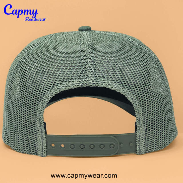 Trucker Hat CMC-3350 - (Custom Green Hat With Rope 3D Embroidery Logo Men's 5-Panel Mesh Trucker Hat Factory)