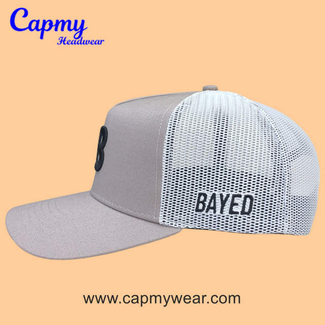 Trucker Hat CMC-3348 - (High Quality Grey Middle Crown 3D Embroidery Logo Men's 5 Panel Cap Mesh Trucker Hat Manufacturer)