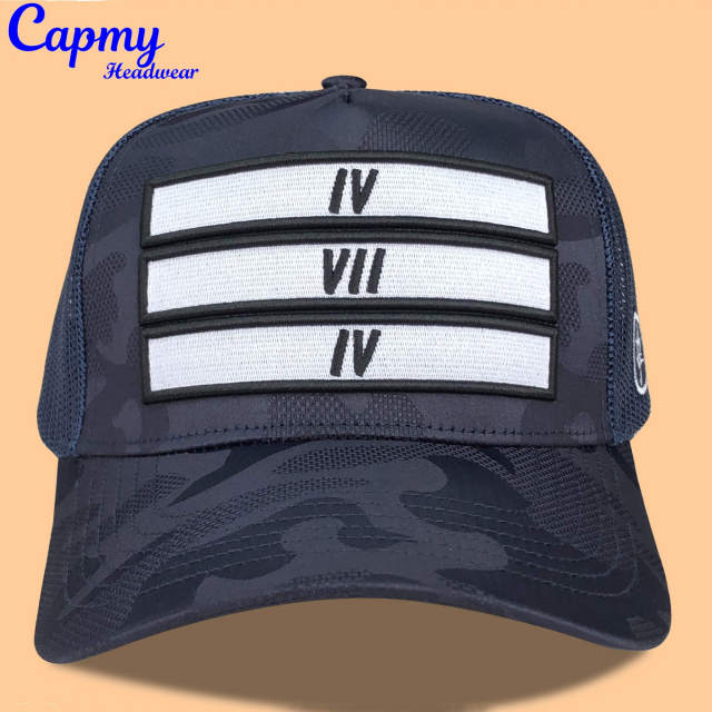 Trucker Hat CMC-3354 - (Custom Printed Black Camo 3D Embroidery Logo 5-Panel Mesh Trucker Hat Manufacturer)