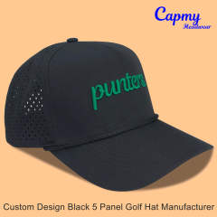 Trucker Hat CMC-3352 - (New Black Waterproof  Middle Crown 3D Embroidery Logo Men's 5-Panel Mesh Trucker Hat Supplier