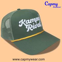 Trucker Hat CMC-3350 - (Custom Green Hat With Rope 3D Embroidery Logo Men's 5-Panel Mesh Trucker Hat Factory)