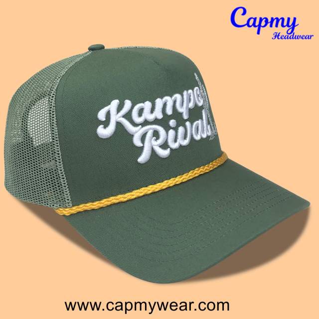 Trucker Hat CMC-3350 - (Custom Green Hat With Rope 3D Embroidery Logo Men's 5-Panel Mesh Trucker Hat Factory)