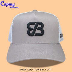 Trucker Hat CMC-3348 - (High Quality Grey Middle Crown 3D Embroidery Logo Men's 5 Panel Cap Mesh Trucker Hat Manufacturer)