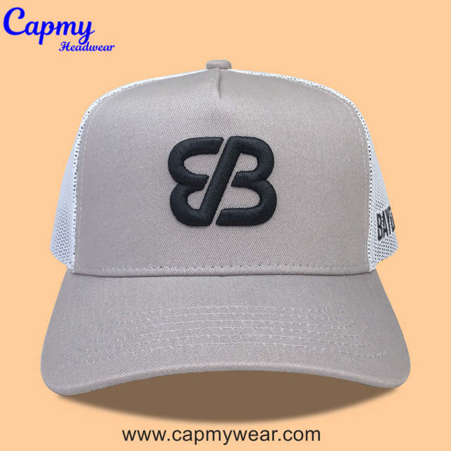 Trucker Hat CMC-3348 - (High Quality Grey Middle Crown 3D Embroidery Logo Men's 5 Panel Cap Mesh Trucker Hat Manufacturer)