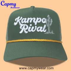 Trucker Hat CMC-3350 - (Custom Green Hat With Rope 3D Embroidery Logo Men's 5-Panel Mesh Trucker Hat Factory)