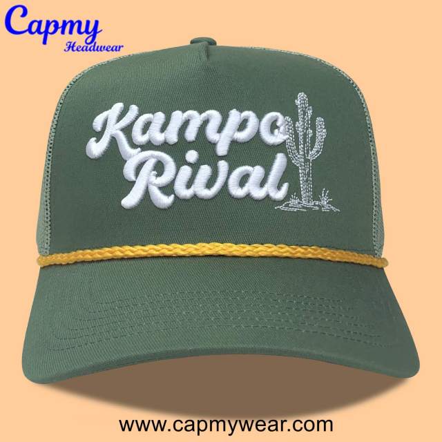 Trucker Hat CMC-3350 - (Custom Green Hat With Rope 3D Embroidery Logo Men's 5-Panel Mesh Trucker Hat Factory)