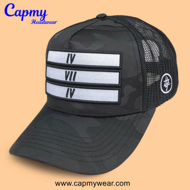 Trucker Hat CMC-3354 - (Custom Printed Black Camo 3D Embroidery Logo 5-Panel Mesh Trucker Hat Manufacturer)