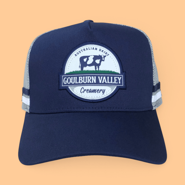 Trucker Hat - CMC-3352 (Custom Design Navy Blue Printed Mesh Side Stripes Western Deep Crown Trucker Hat Australia Country Trucker Caps Factory )