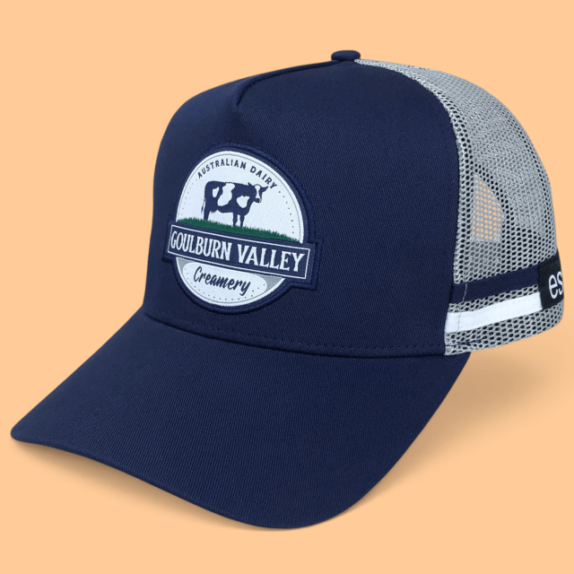 Trucker Hat - CMC-3352 (Custom Design Navy Blue Printed Mesh Side Stripes Western Deep Crown Trucker Hat Australia Country Trucker Caps Factory )