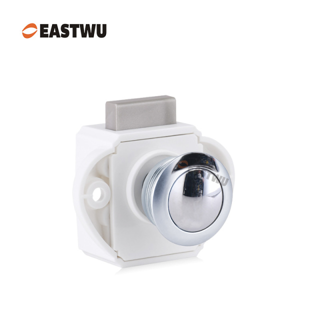 RV Caravan Cabinet Mini Push Lock and White Mechanism Chrome Knob