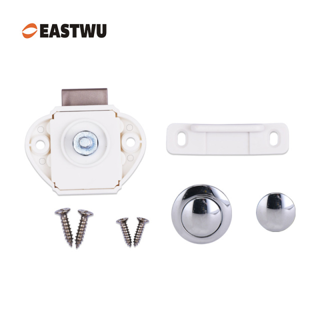 RV Caravan Cabinet Mini Push Lock and White Mechanism Chrome Knob