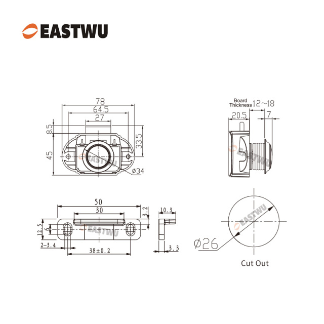 Pearl Chrome RV Caravan Campervan Kitchen Cupboard Cabinet Drawer Hardware Pulls Knobs Handles Catches Keyless Large Push button Latch Lock Cut Out 26mm