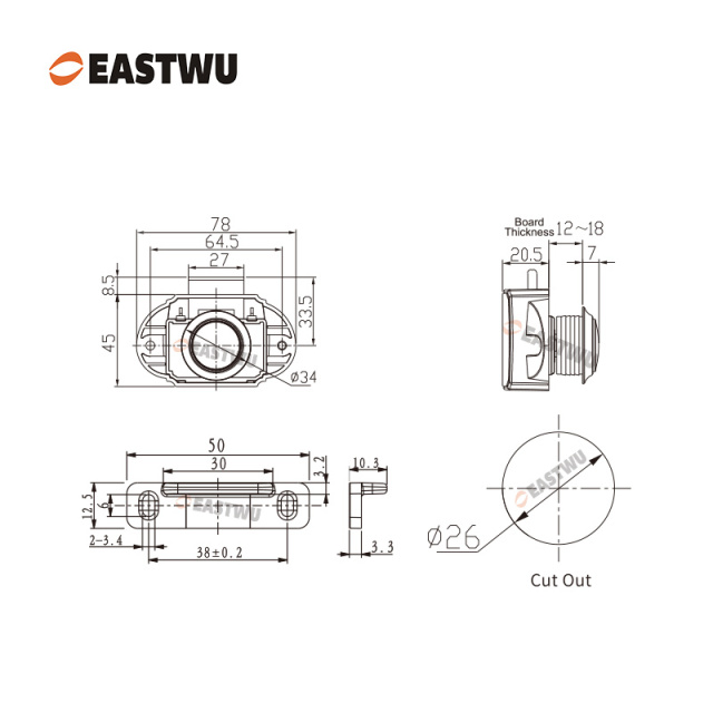 Chrome RV Caravan Campervan Kitchen Cupboard Cabinet Drawer Hardware Pulls Knobs Handles Catches Keyless Large Push button Latch Lock Cut Out 26mm
