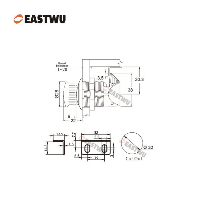 Chrome Push to Close and Turn to Open Push Latch Plastic Cut Out Φ32mm Board Thickness 1~20mm