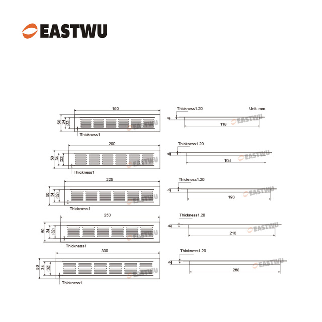Silver Aluminum Alloy Cooling Outlet（Overall Length 150~600mm）Inner Length 118~568mm Cut Out 35X(120~570mm)