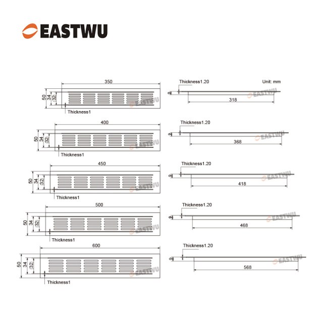 Silver Aluminum Alloy Cooling Outlet（Overall Length 150~600mm）Inner Length 118~568mm Cut Out 35X(120~570mm)