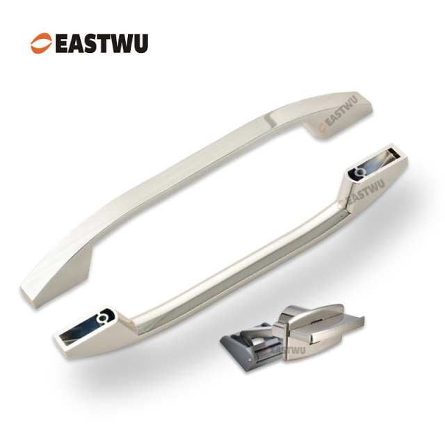 Brushed Nickel Cabinet Door Slim Metal Handle with Brushed Nickel Metal Hidden Locking Mechanism Lever Handles and locking system for caravan motorhome and RV