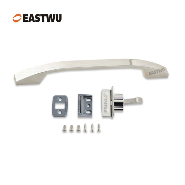 Brushed Nickel Cabinet Door Slim Metal Handle with Brushed Nickel Metal Hidden Locking Mechanism Lever Handles and locking system for caravan motorhome and RV