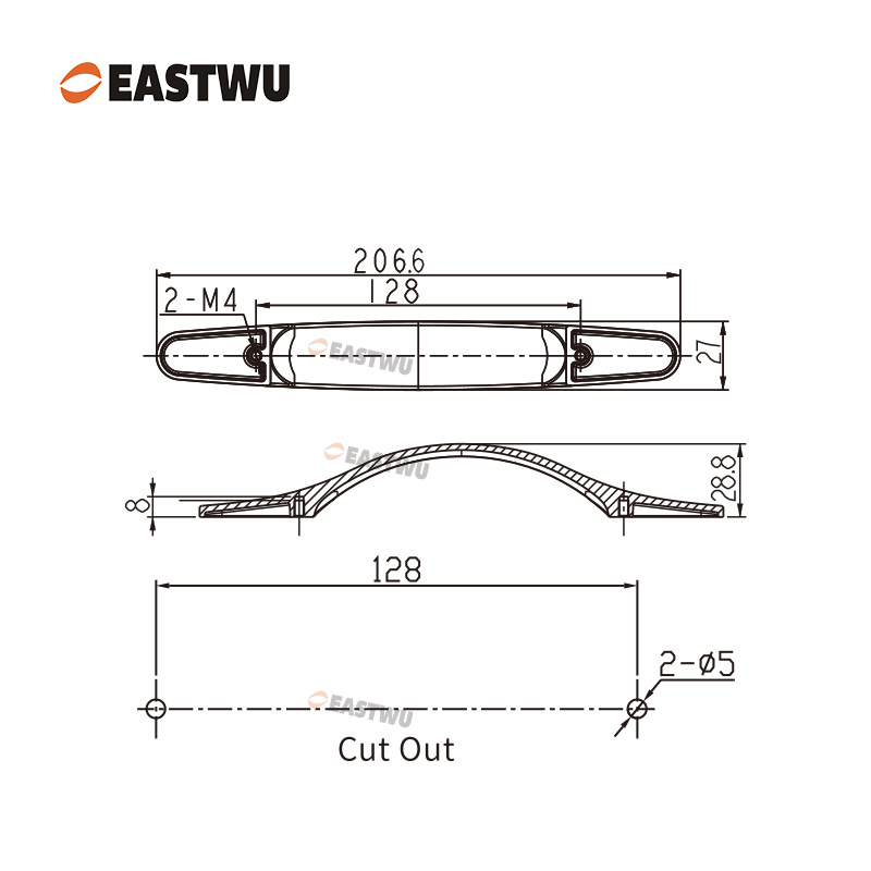Brushed Nickel Drawer & Cabinet Door Metal Handle （Overall Length 206.6mm,C.C. 128 mm）