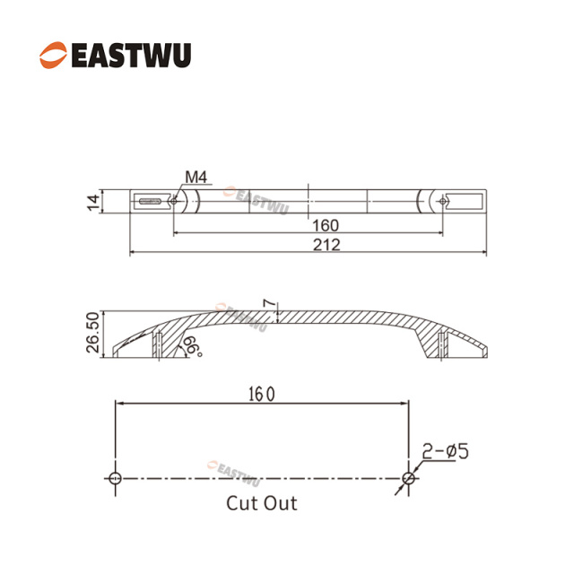 Chrome Drawer & Cabinet Door Metal Handle（Overall Length212mm,C.C.160mm）