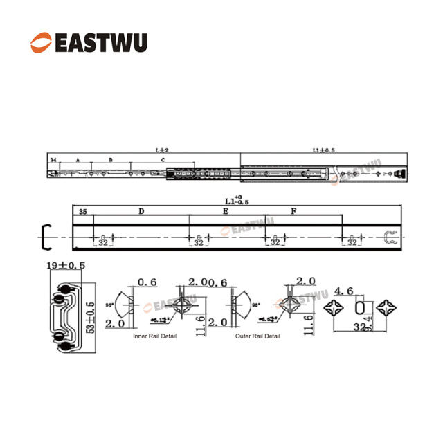 Blue Zinc Three Fold Heavy Duty Drawer Slide Cold-rolled steel Closed Length 250-1800mm （10"-72"）