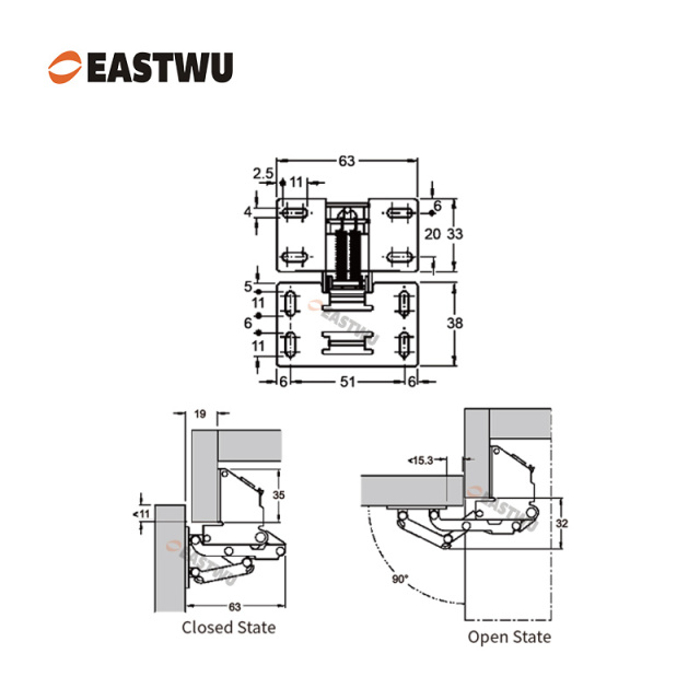 Nickel RV Cupboard Door Hinge Cold-rolled Steel NO Drilling Opening Angle 90°