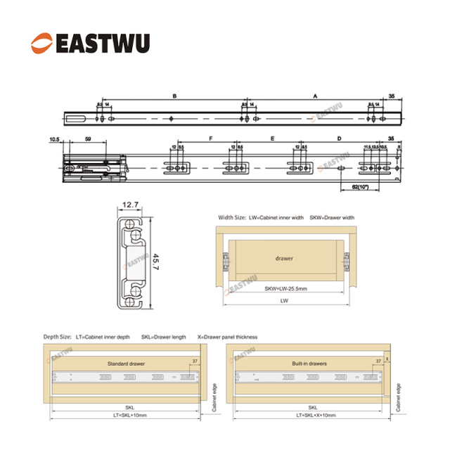 Black Zinc Three Fold Soft Close Ball Bearing Drawer Slide Cold-rolled steel Closed Length 250-600mm （10"-24"）