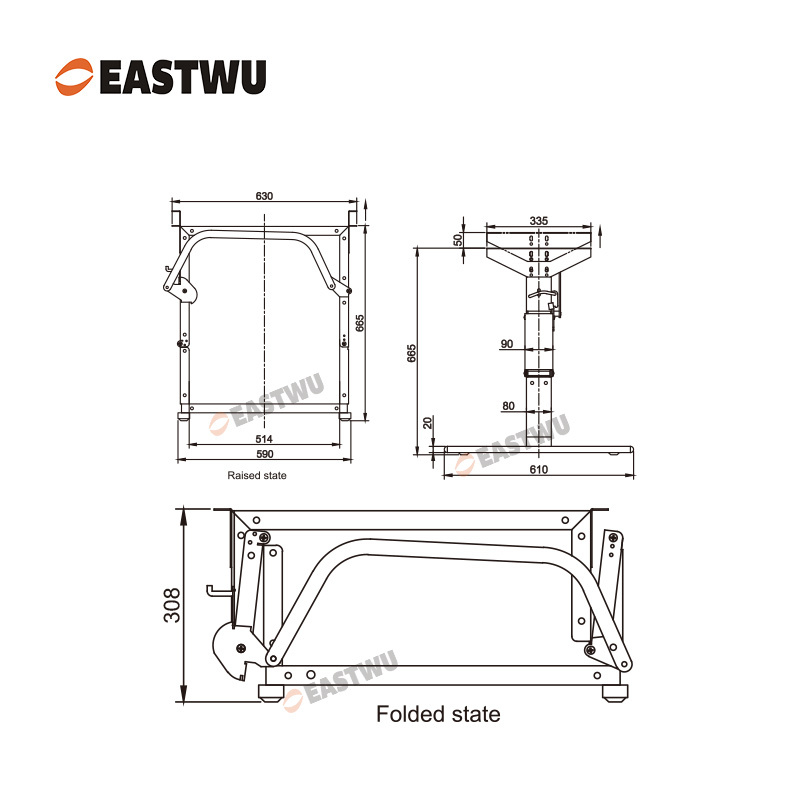 Matt Black Foldable Lift Table Frame Cold-rolled Steel（Raised Height 665mm）Fold Down Height 308mm