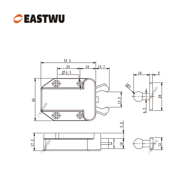 Black Push to Open Cabinet Catch Plastic（Size 55.5X43mm）Board Thickness 12~20mm