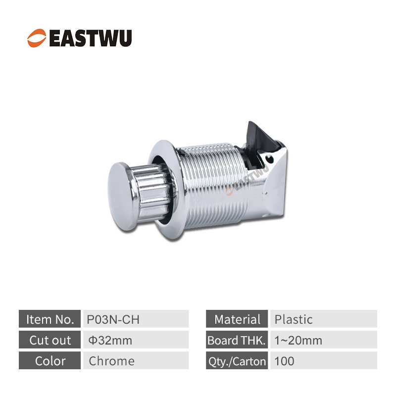 Chrome Push to Close and Turn to Open Push Latch Plastic Cut Out Φ32mm Board Thickness 1~20mm