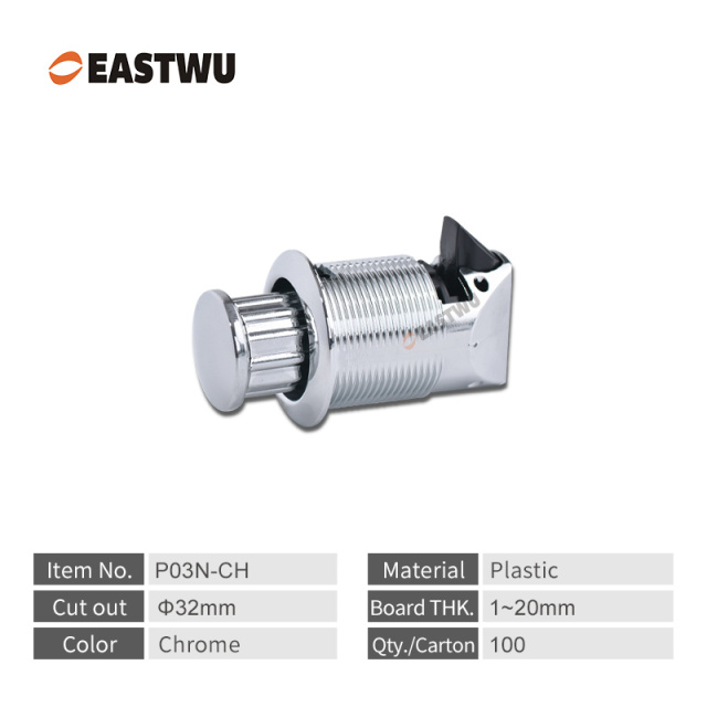 Chrome Push to Close and Turn to Open Push Latch Plastic Cut Out Φ32mm Board Thickness 1~20mm