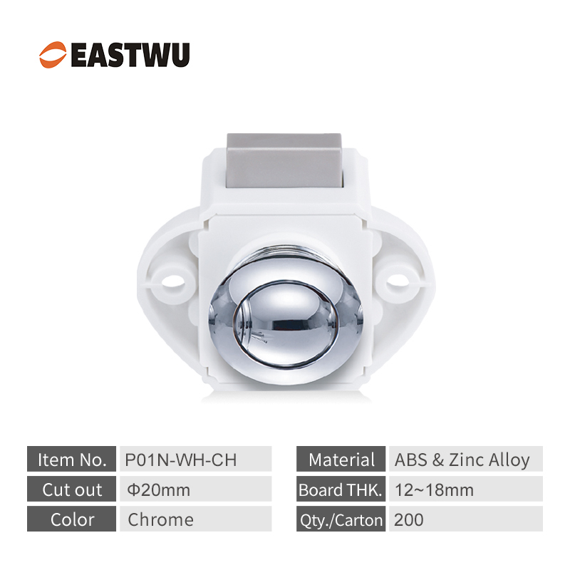 RV Caravan Cabinet Mini Push Lock and White Mechanism Chrome Knob