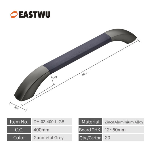 Large Size 400mm Gunmetal Grey Leather Covered RV Interior Handle