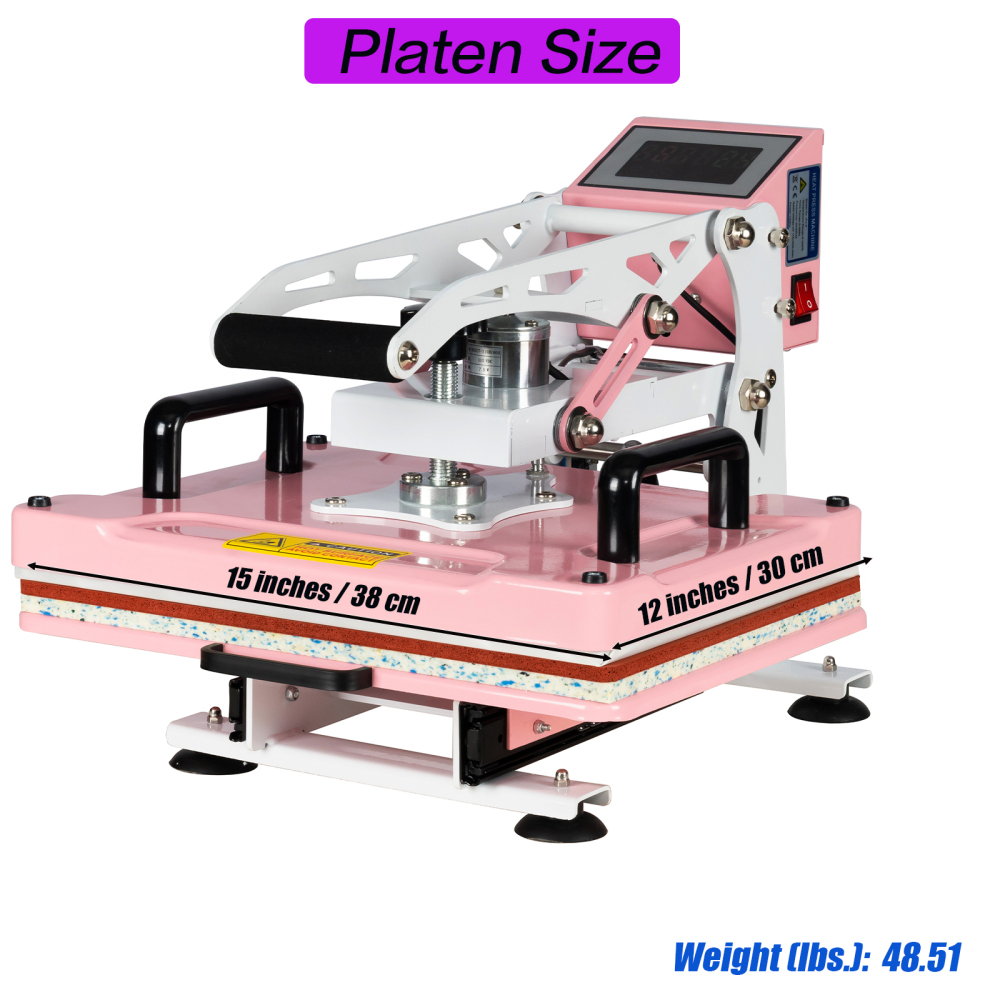 12x15 inch Pink Auto Open Heat Press Machine with Slide Out Base 1200 W Clamshell DTF Heat Press for T-Shirts, Sublimation, and More