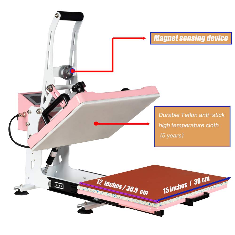 12x15 inch Pink Auto Open Heat Press Machine with Slide Out Base 1200 W Clamshell DTF Heat Press for T-Shirts, Sublimation, and More