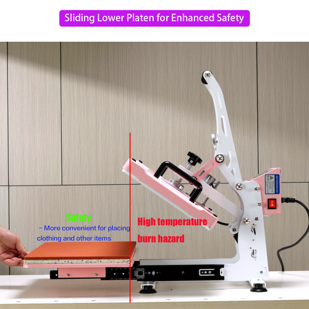12x15 inch Pink Auto Open Heat Press Machine with Slide Out Base 1200 W Clamshell DTF Heat Press for T-Shirts, Sublimation, and More