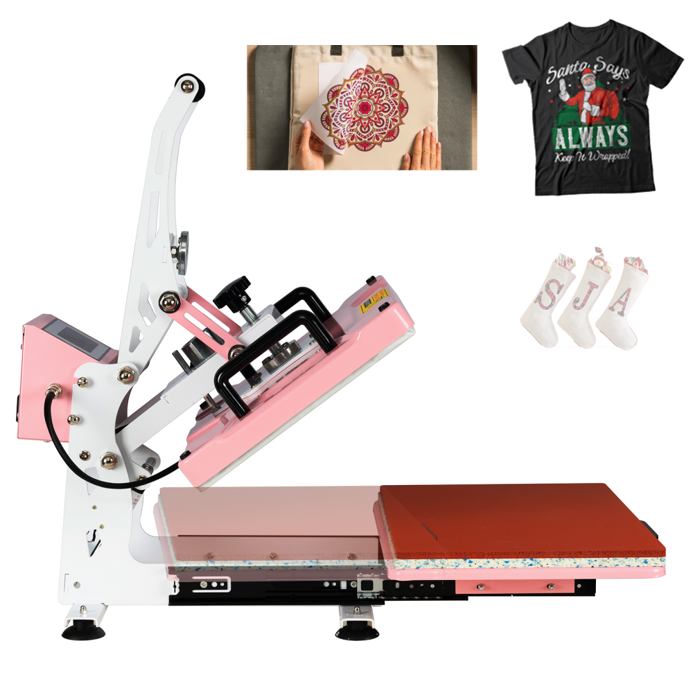 12x15 inch Pink Auto Open Heat Press Machine with Slide Out Base 1200 W Clamshell DTF Heat Press for T-Shirts, Sublimation, and More