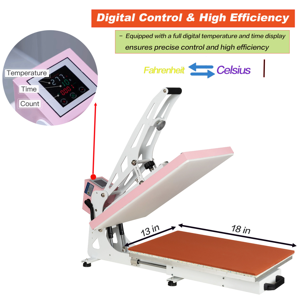 13x18 inch Auto Open Heat Press Machine with Slide Out Base 1200 W Clamshell DTF Heat Press for T-Shirts, Sublimation, and More (Pink + White)