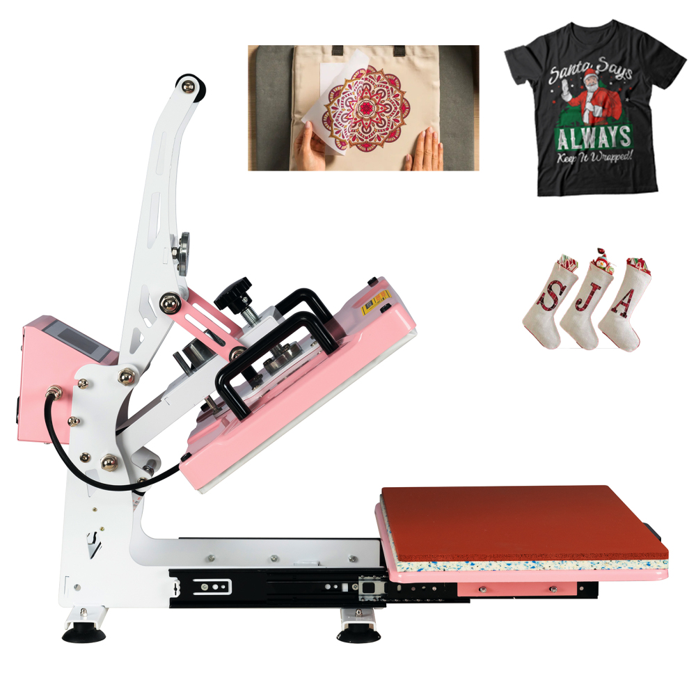 12x15 inch Pink Auto Open Heat Press Machine with Slide Out Base 1200 W Clamshell DTF Heat Press for T-Shirts, Sublimation, and More